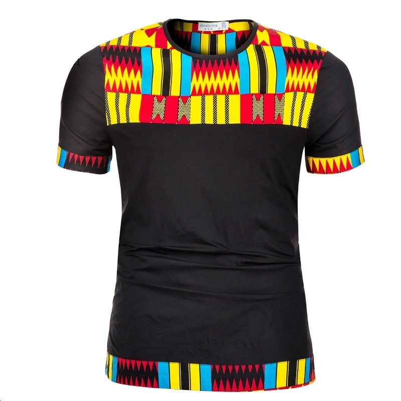 Black short sleeve shirt with O neck kente print for men - Ukenia