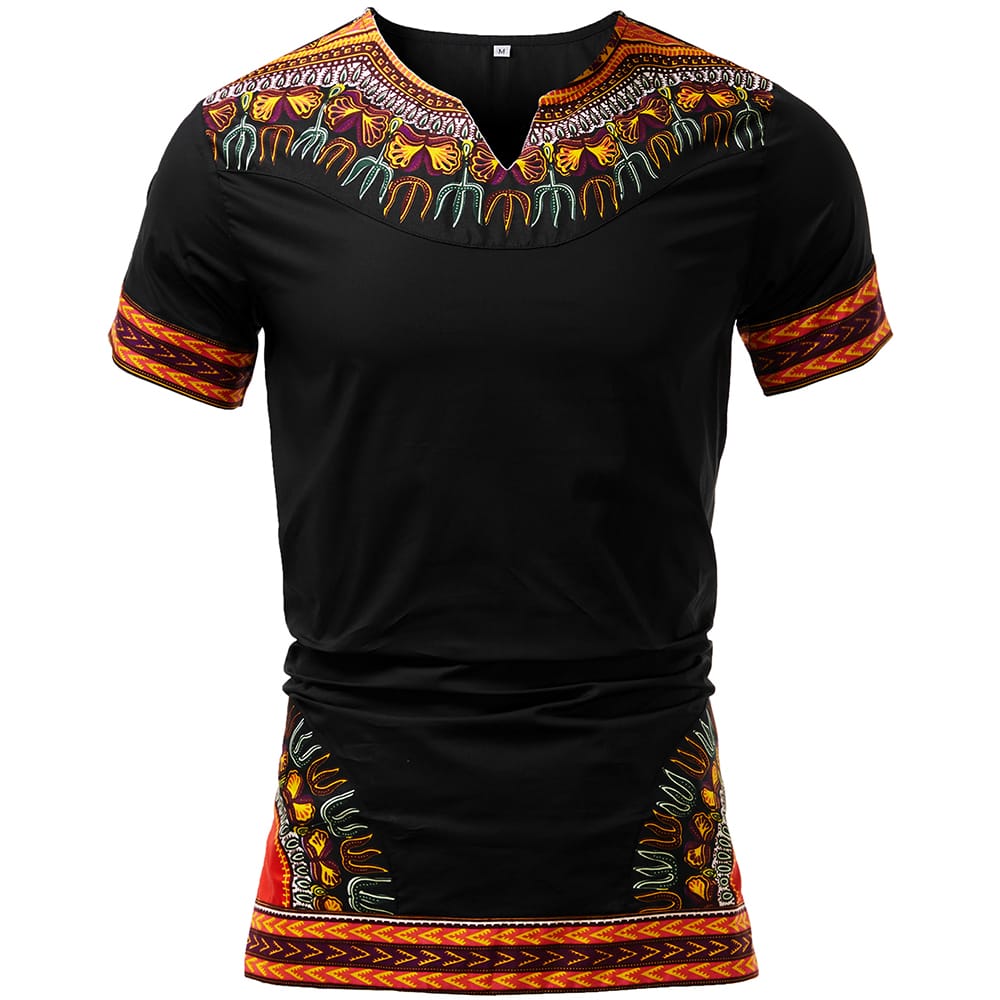 Black summer short sleeve tshirt 100% cotton with dashiki details - Ukenia