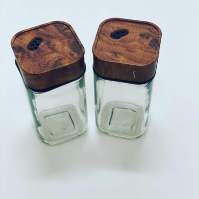 glass and wooden salt and pepper shaker